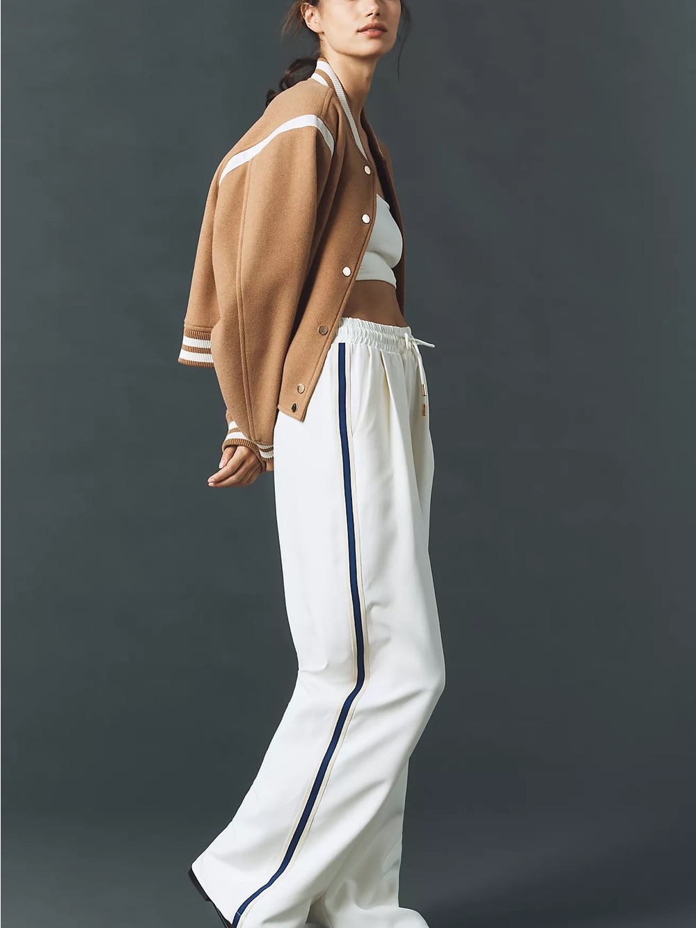 Bishop and Young Wide-Leg Drawstring Track Pants in White with Navy Stripe